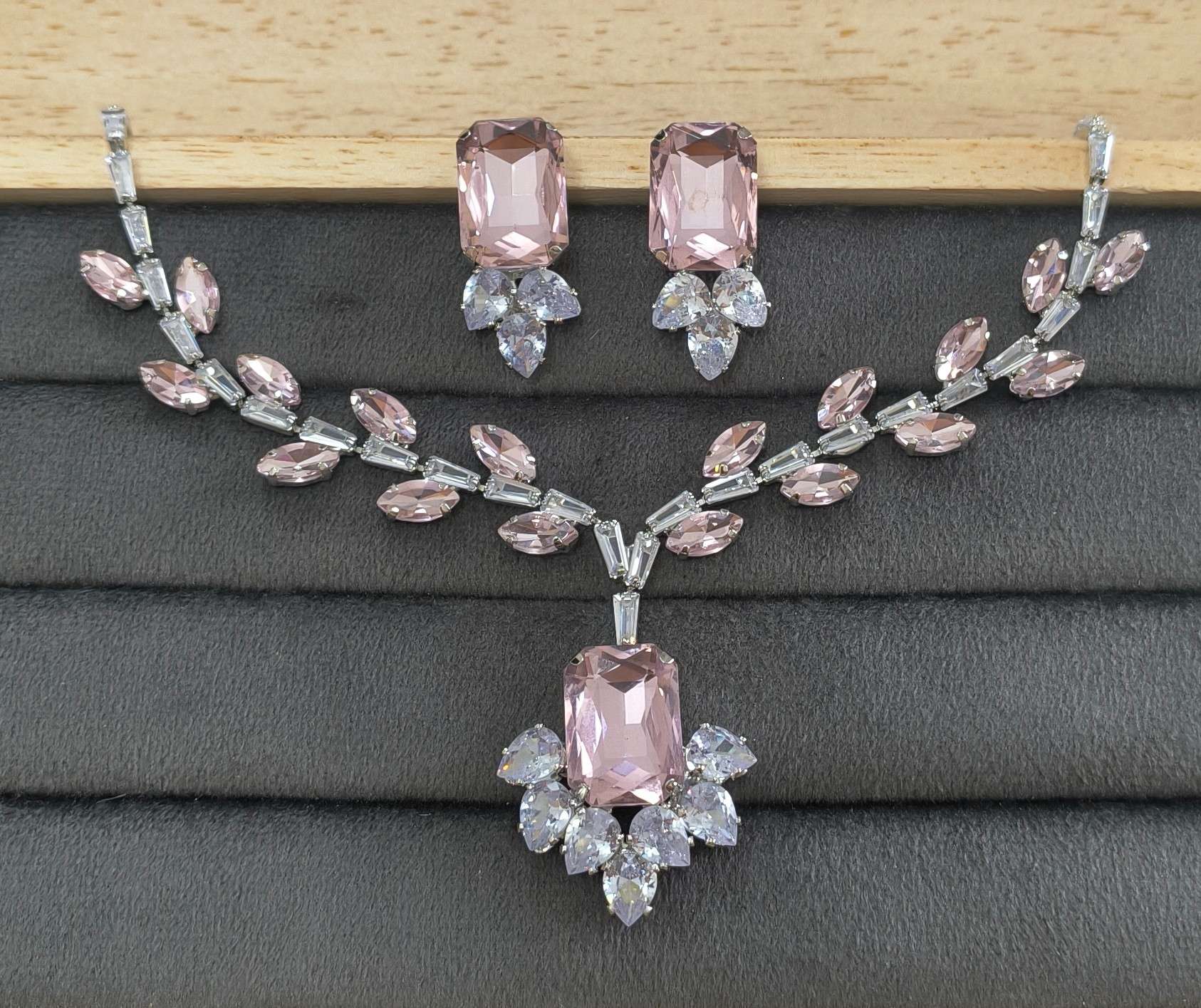 Luxury Pink Glass Stone Necklace Rhodium Plated