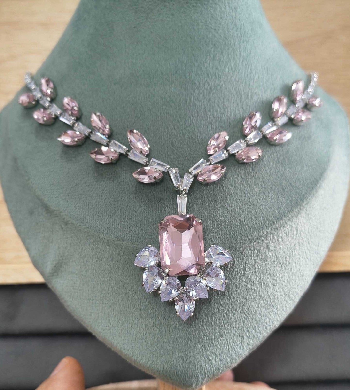 Luxury Pink Glass Stone Necklace Rhodium Plated