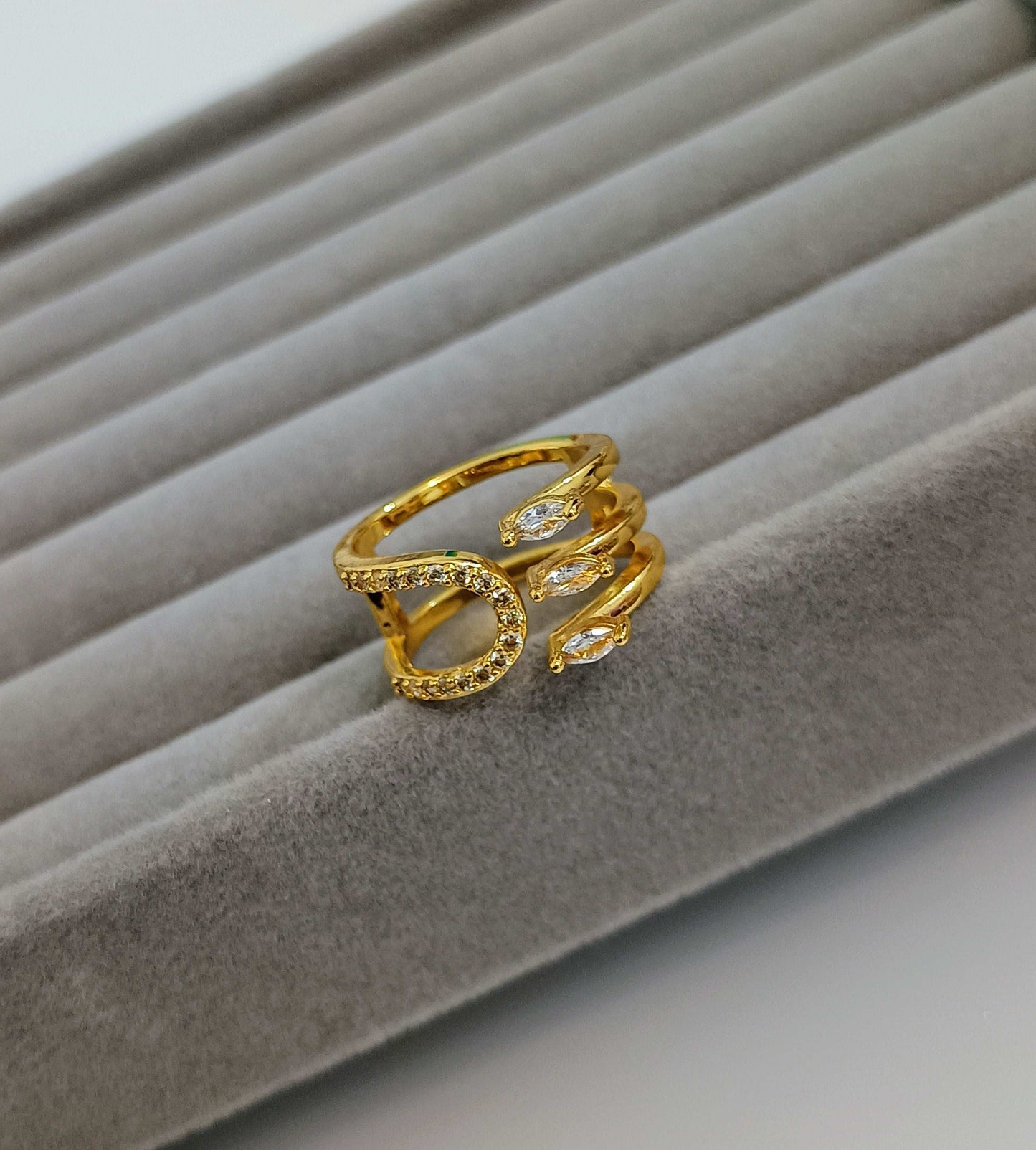 Open Style Stone Studded Adjustable 18K Gold Plated Ring