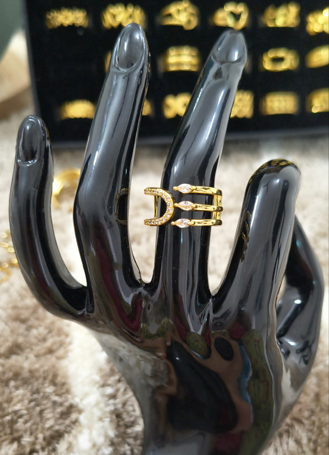 Open Style Stone Studded Adjustable 18K Gold Plated Ring