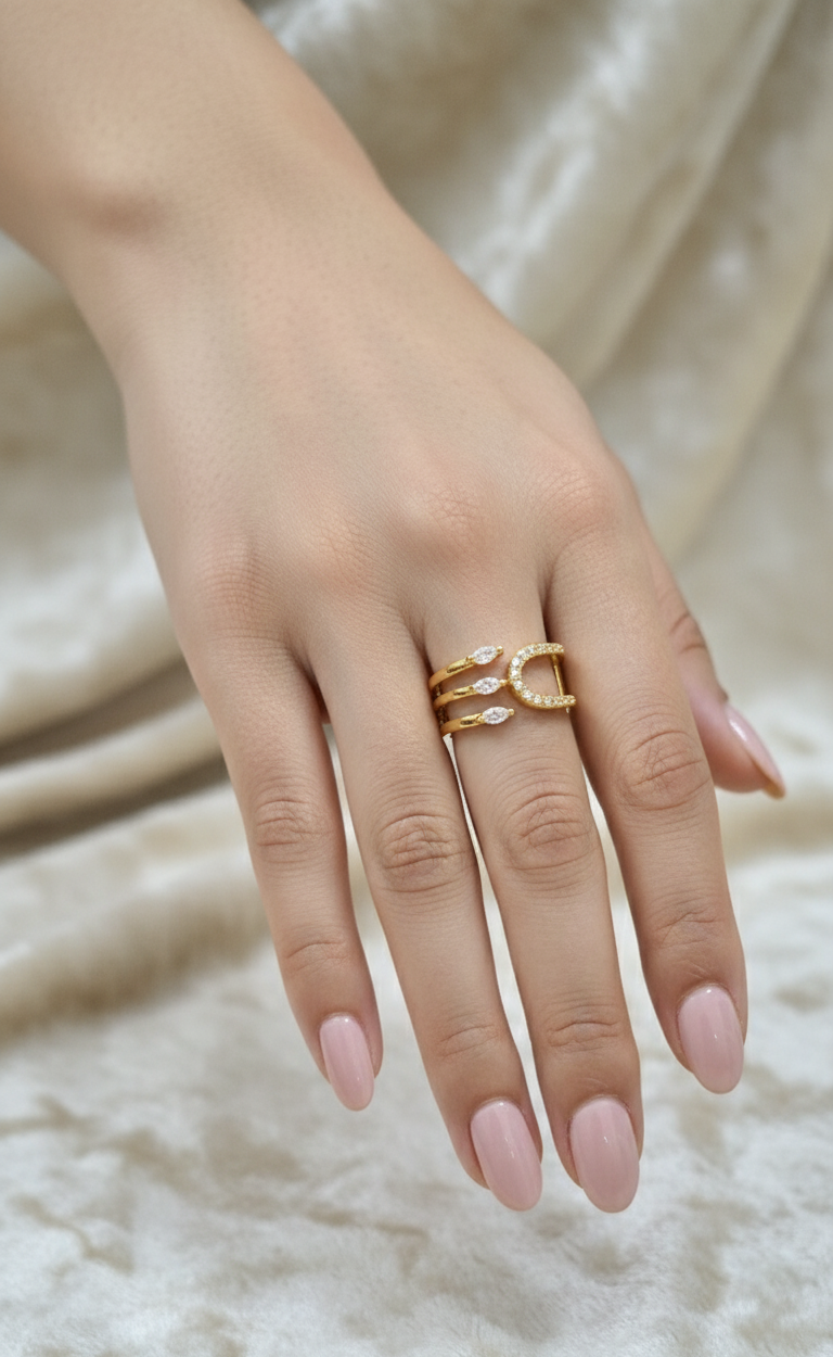 Open Style Stone Studded Adjustable 18K Gold Plated Ring