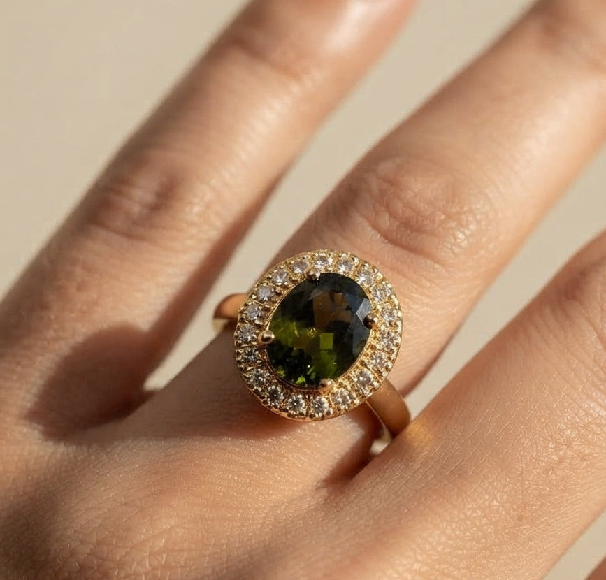 Oval Cut Emerald Green Stone 18K Gold Plated Ring