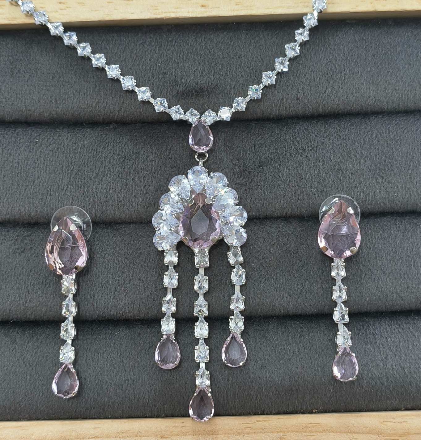 Pink Glass Stone Drop Pendant Necklace Rhodium Plated