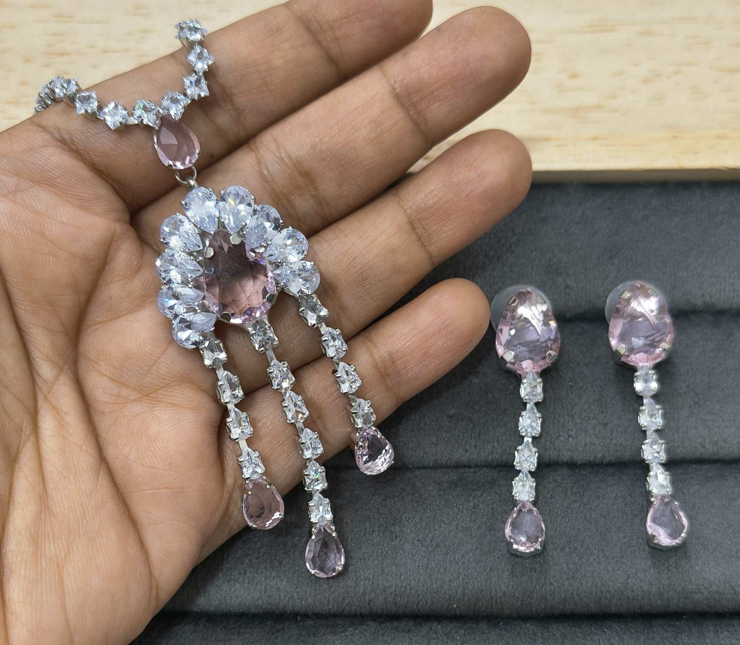 Pink Glass Stone Drop Pendant Necklace Rhodium Plated