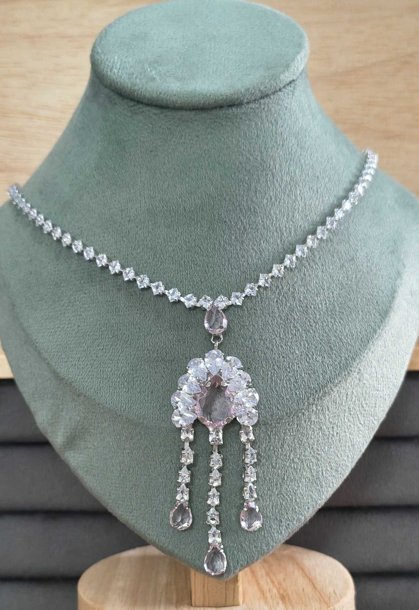 Pink Glass Stone Drop Pendant Necklace Rhodium Plated