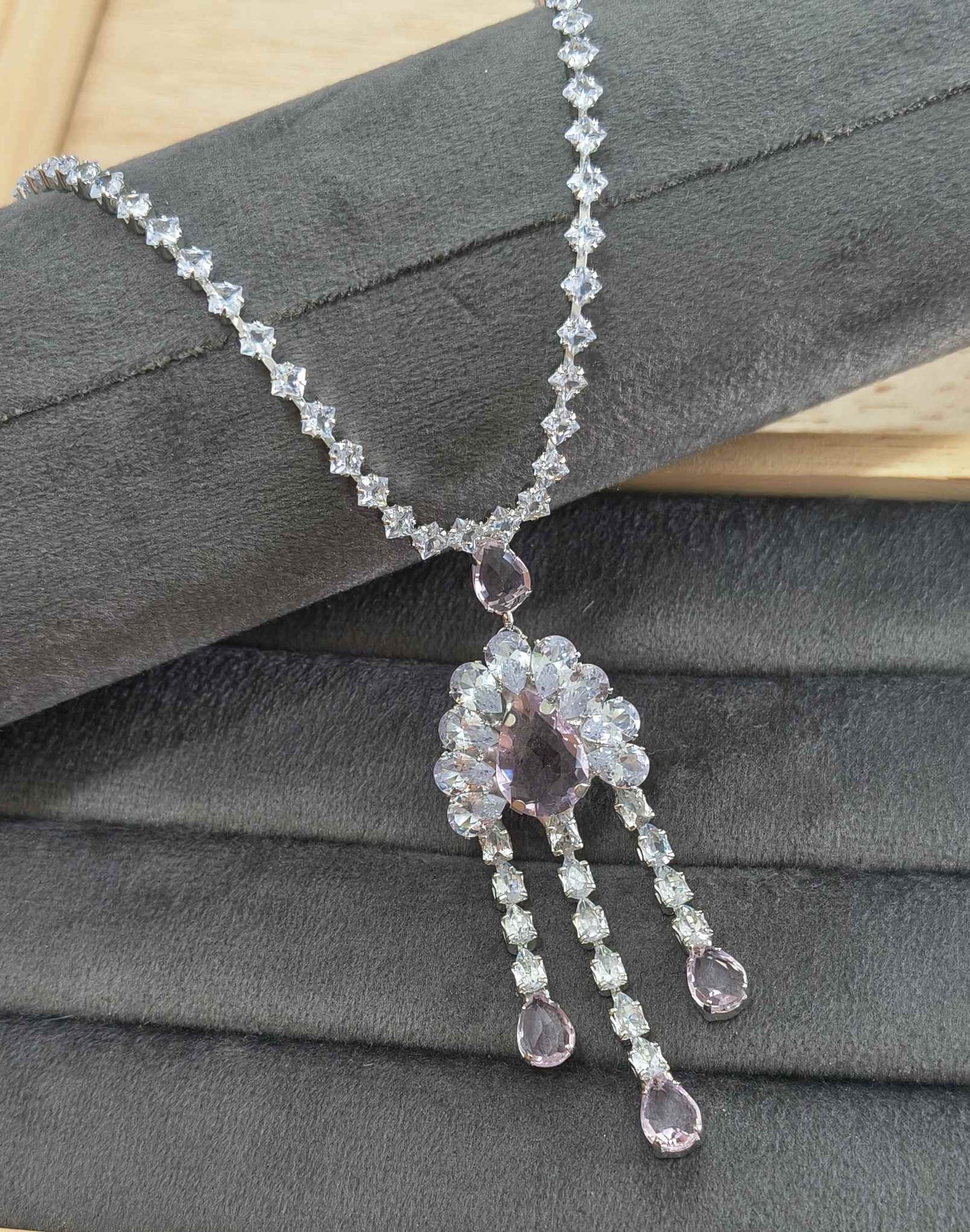 Pink Glass Stone Drop Pendant Necklace Rhodium Plated