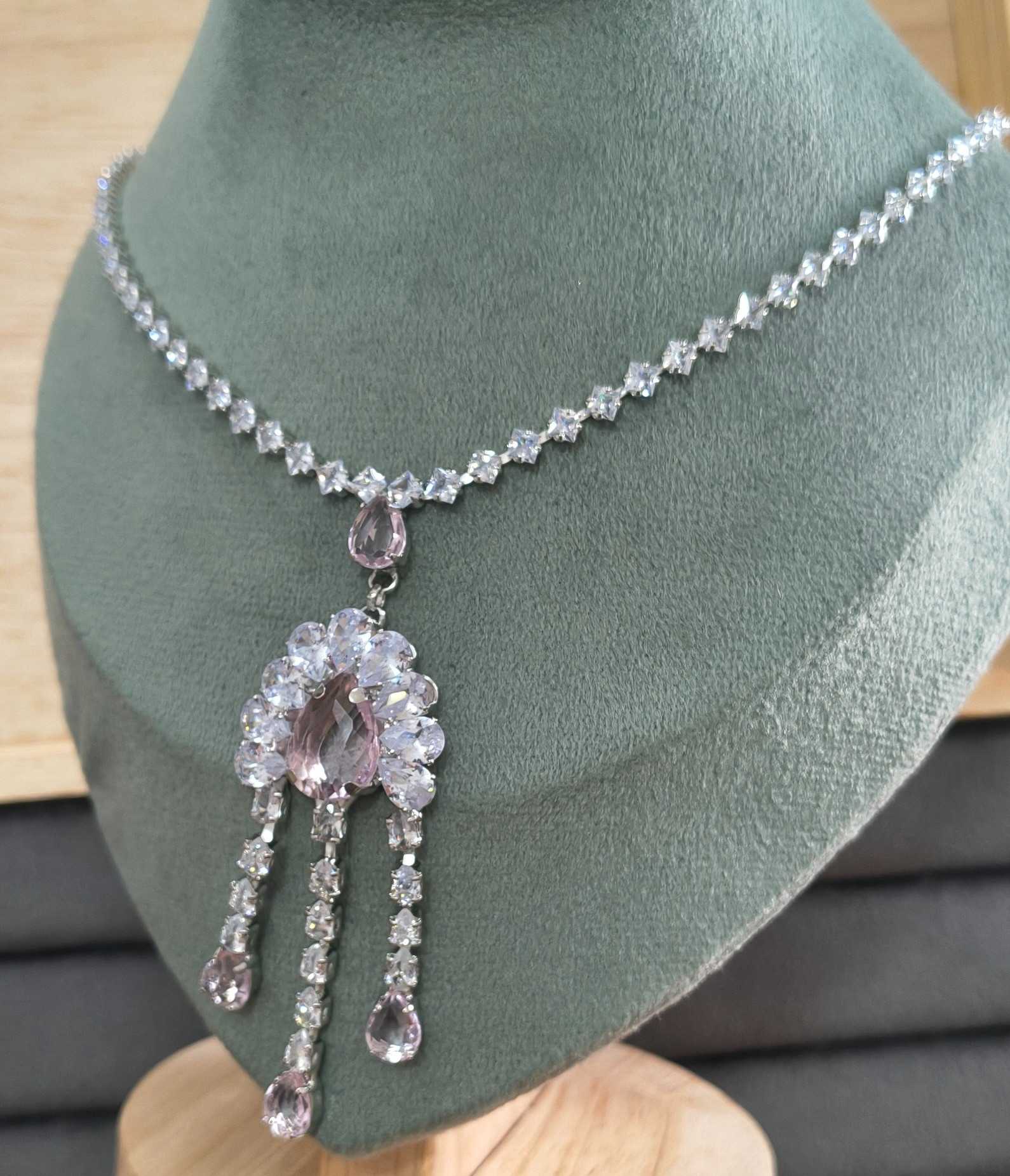 Pink Glass Stone Drop Pendant Necklace Rhodium Plated