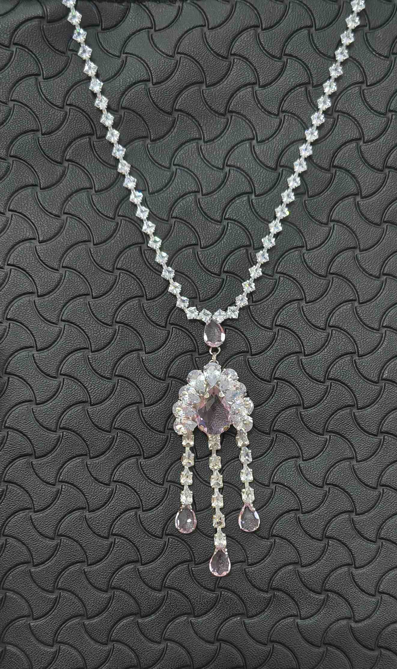 Pink Glass Stone Drop Pendant Necklace Rhodium Plated