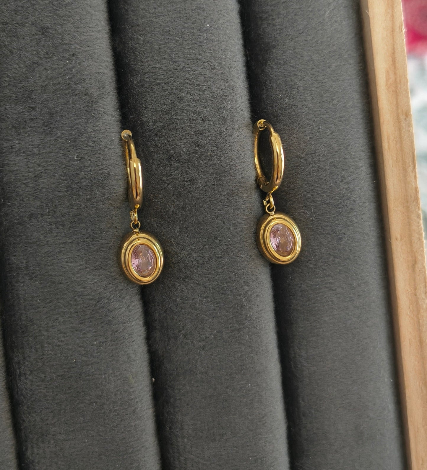 Pink Zirconia Round Pendant Dangle Earrings 18K Gold PVD Plated