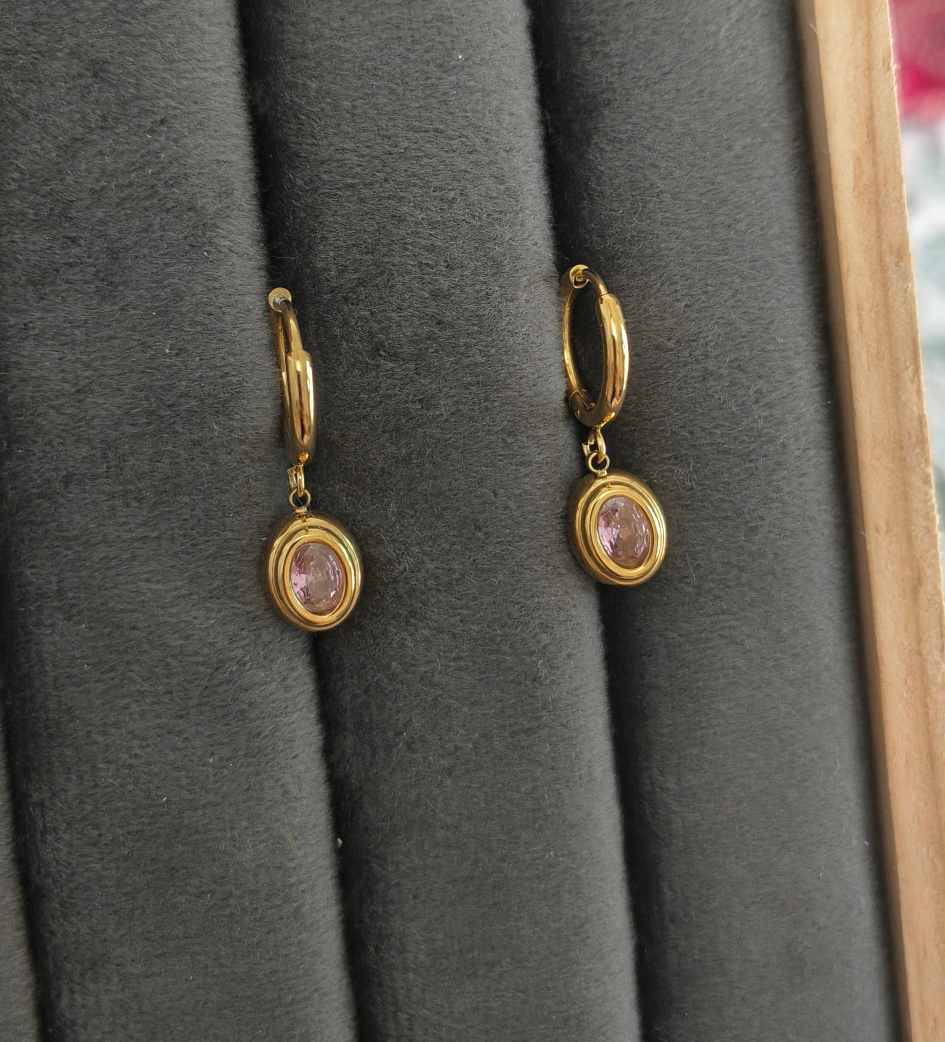Pink Zirconia Round Pendant Dangle Earrings 18K Gold PVD Plated