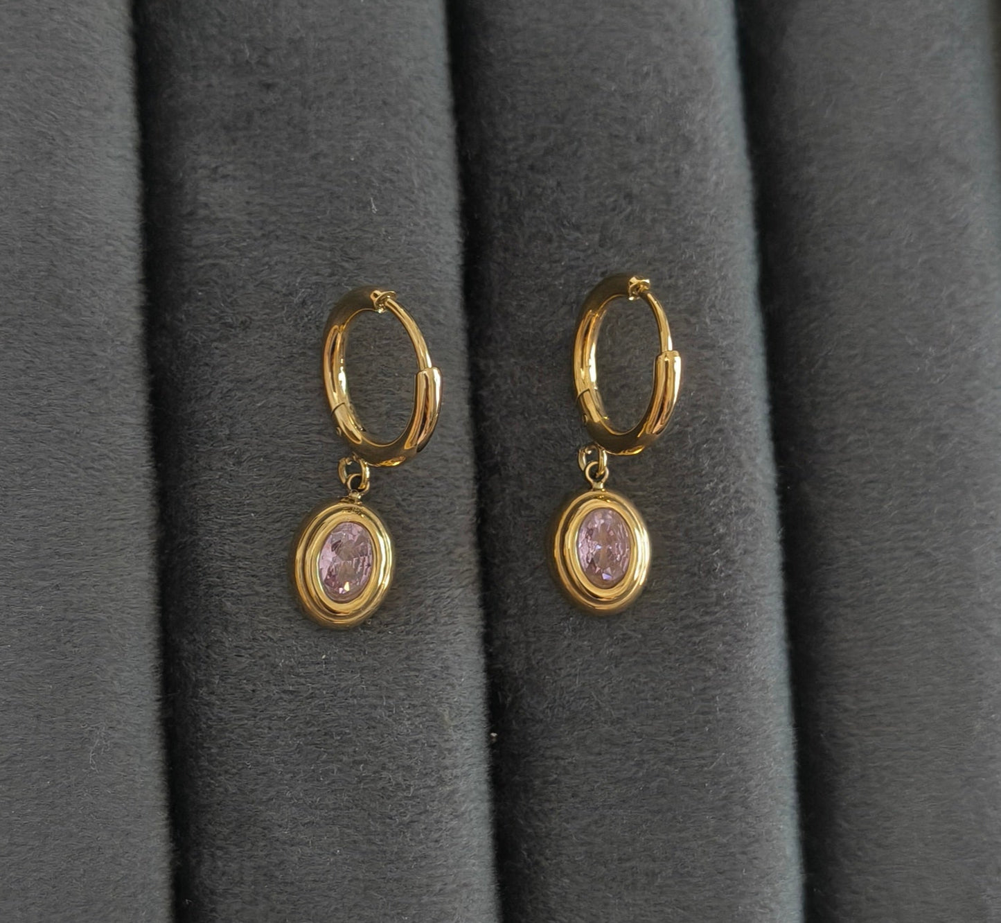 Pink Zirconia Round Pendant Dangle Earrings 18K Gold PVD Plated