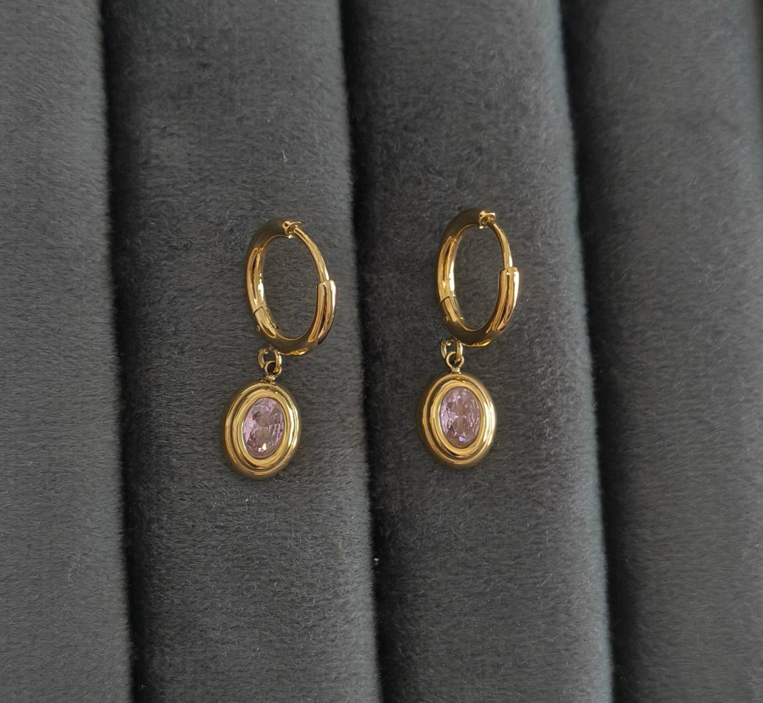 Pink Zirconia Round Pendant Dangle Earrings 18K Gold PVD Plated