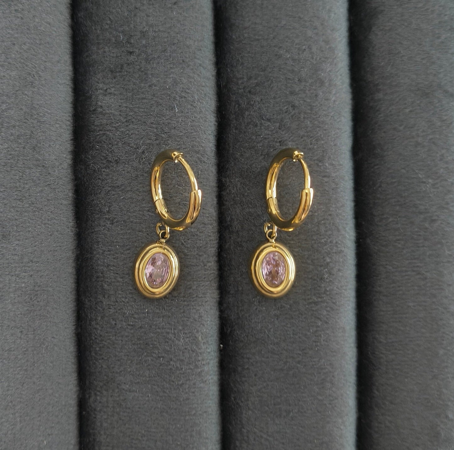 Pink Zirconia Round Pendant Dangle Earrings 18K Gold PVD Plated