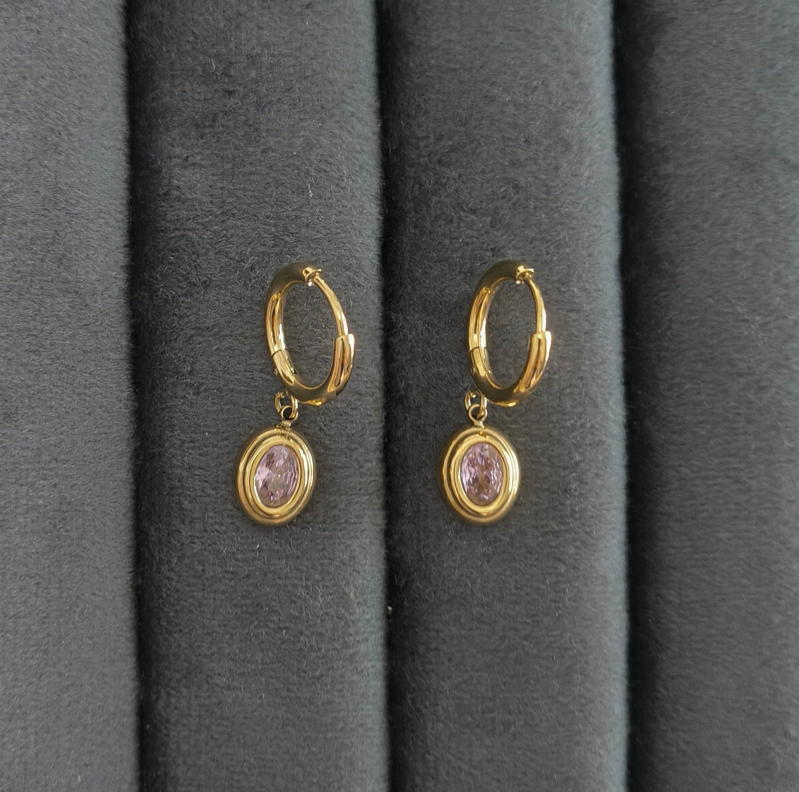 Pink Zirconia Round Pendant Dangle Earrings 18K Gold PVD Plated