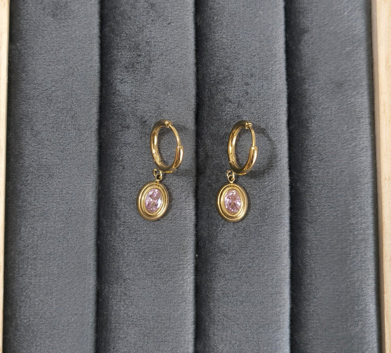 Pink Zirconia Round Pendant Dangle Earrings 18K Gold PVD Plated
