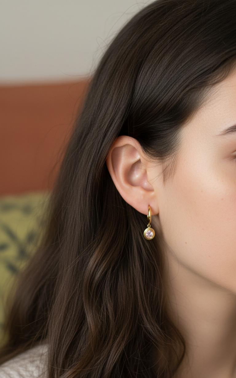 Pink Zirconia Round Pendant Dangle Earrings 18K Gold PVD Plated
