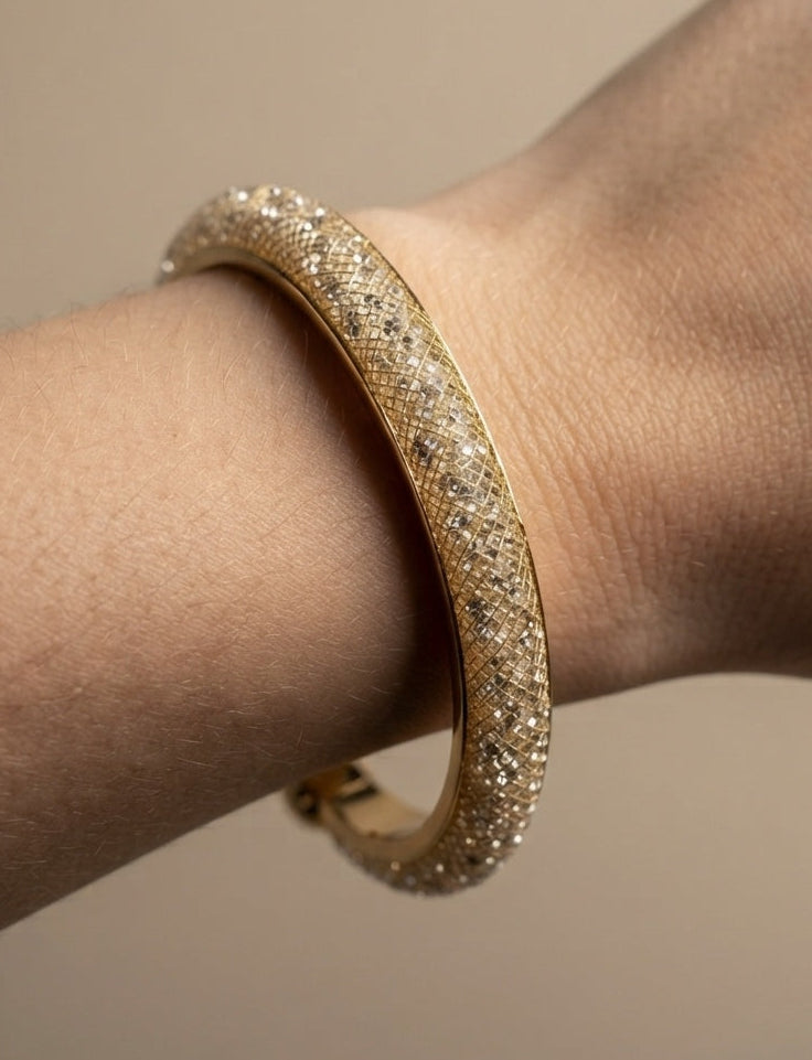 Premium Diamonds in Mesh Design Gold Tone Cuff Bangle