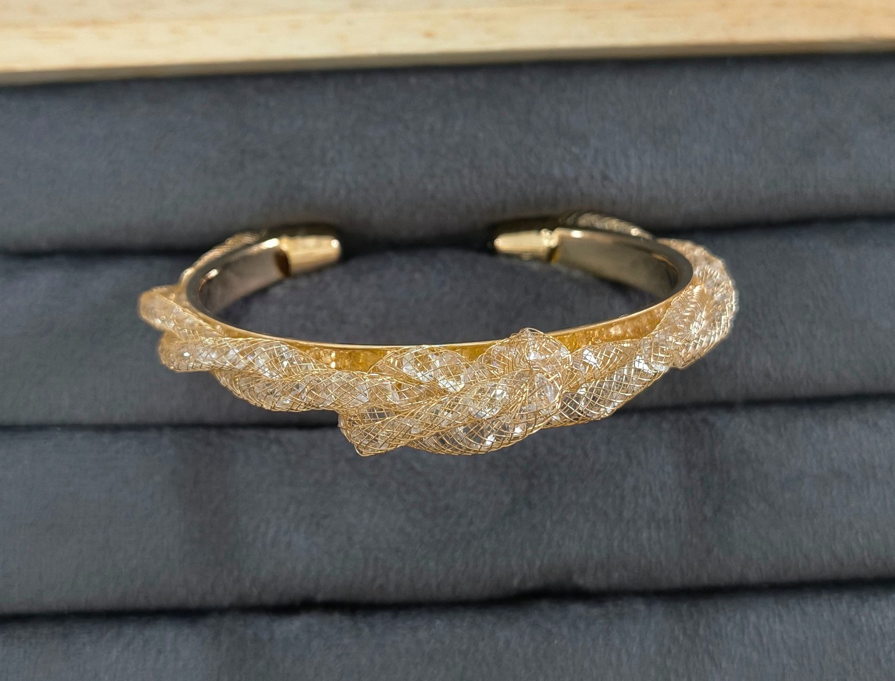 Premium Diamonds in Mesh Design Gold Tone Cuff Bangle