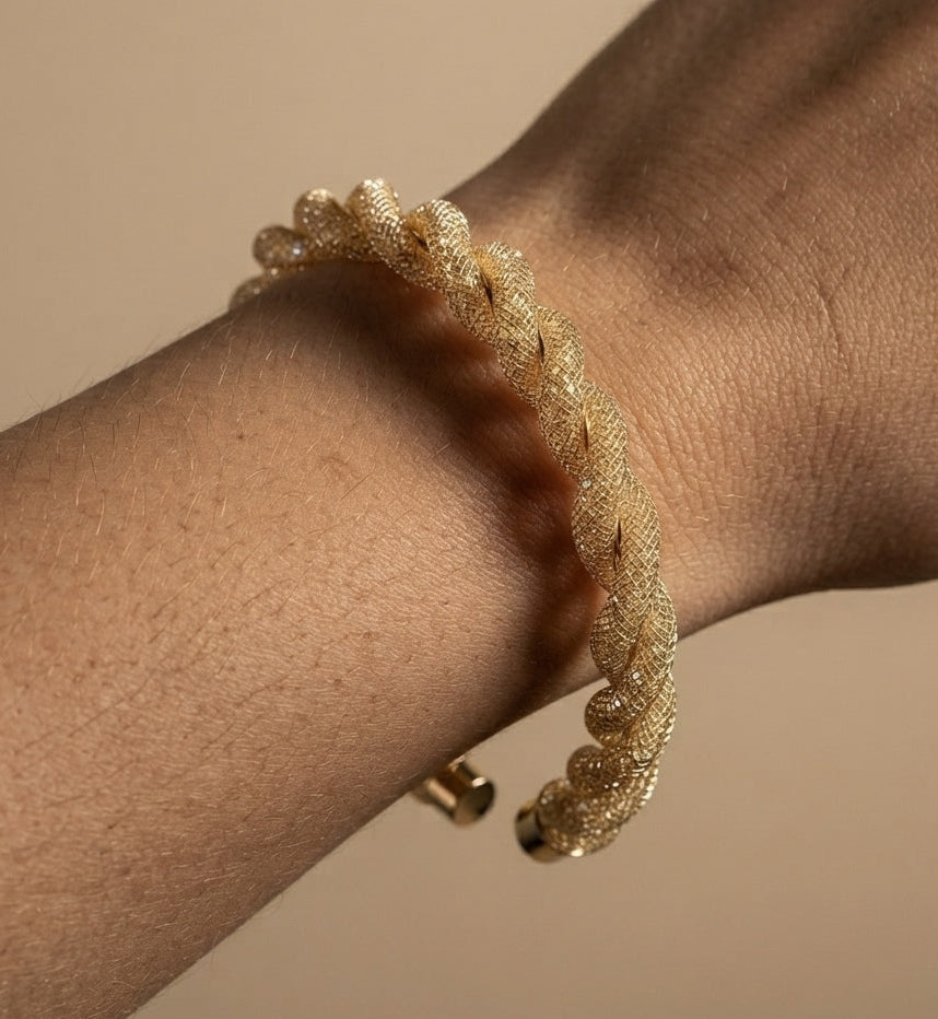 Premium Diamonds in Mesh Design Gold Tone Cuff Bangle