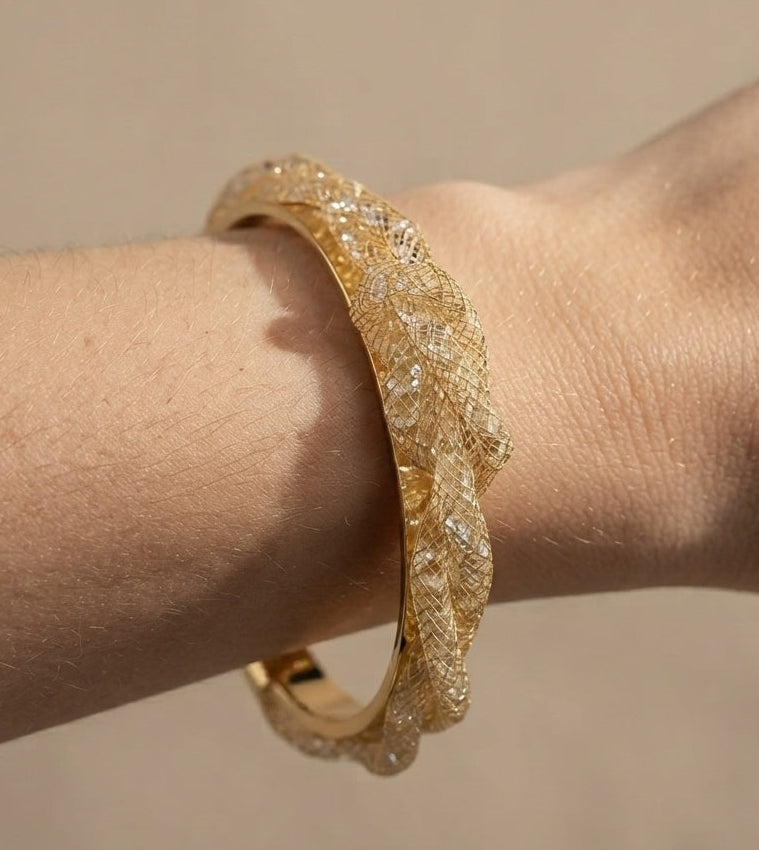 Premium Diamonds in Mesh Design Gold Tone Cuff Bangle