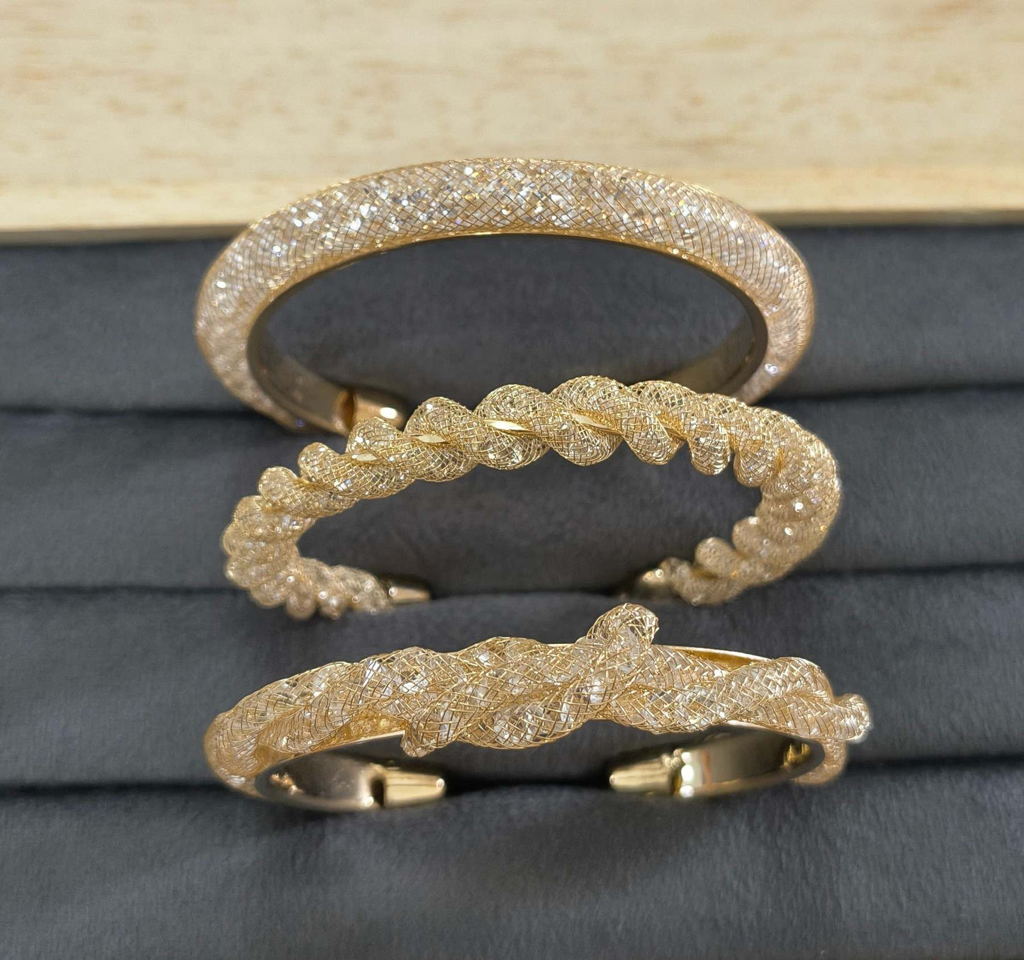 Premium Diamonds in Mesh Design Gold Tone Cuff Bangle