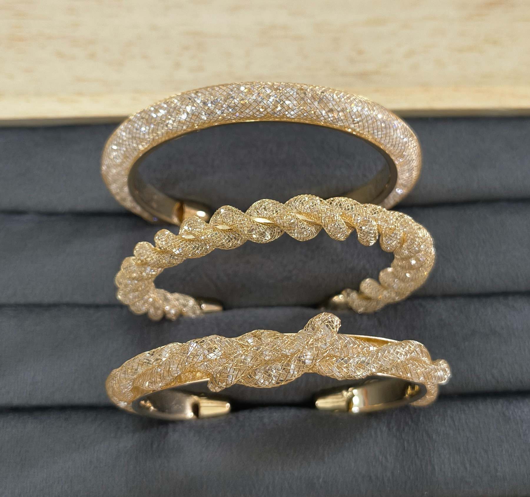 Premium Diamonds in Mesh Design Gold Tone Cuff Bangle
