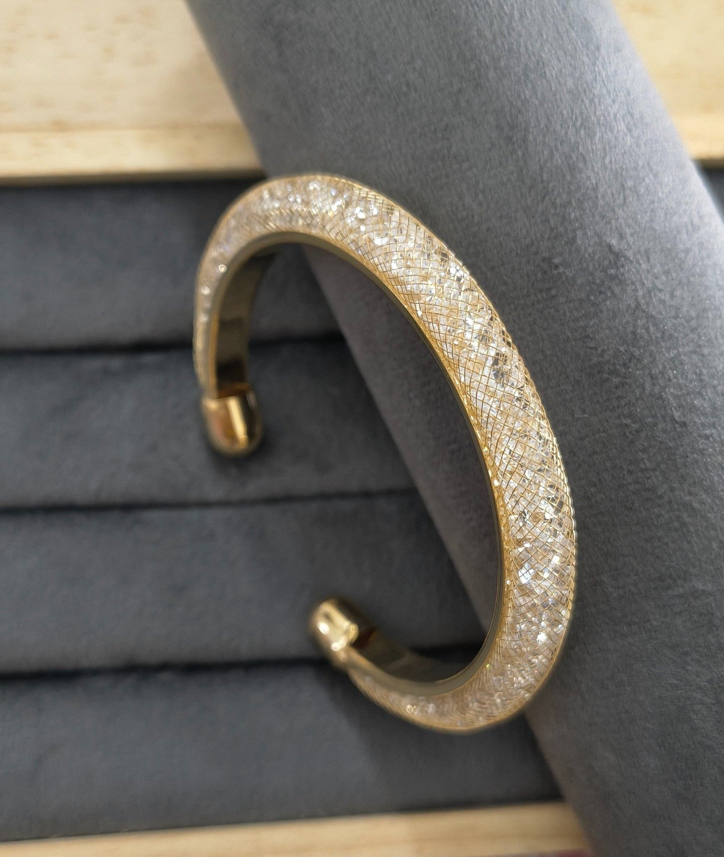 Premium Diamonds in Mesh Design Gold Tone Cuff Bangle