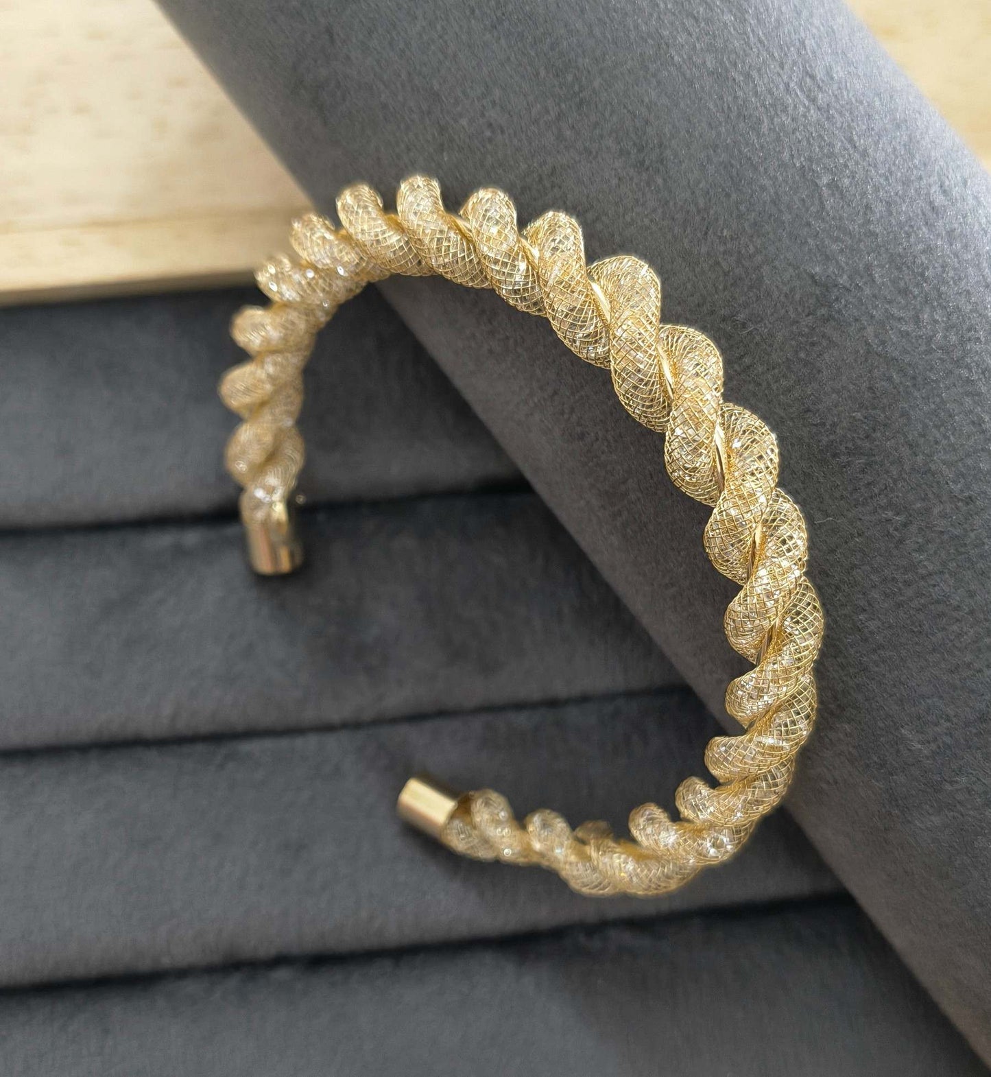 Premium Diamonds in Mesh Design Gold Tone Cuff Bangle