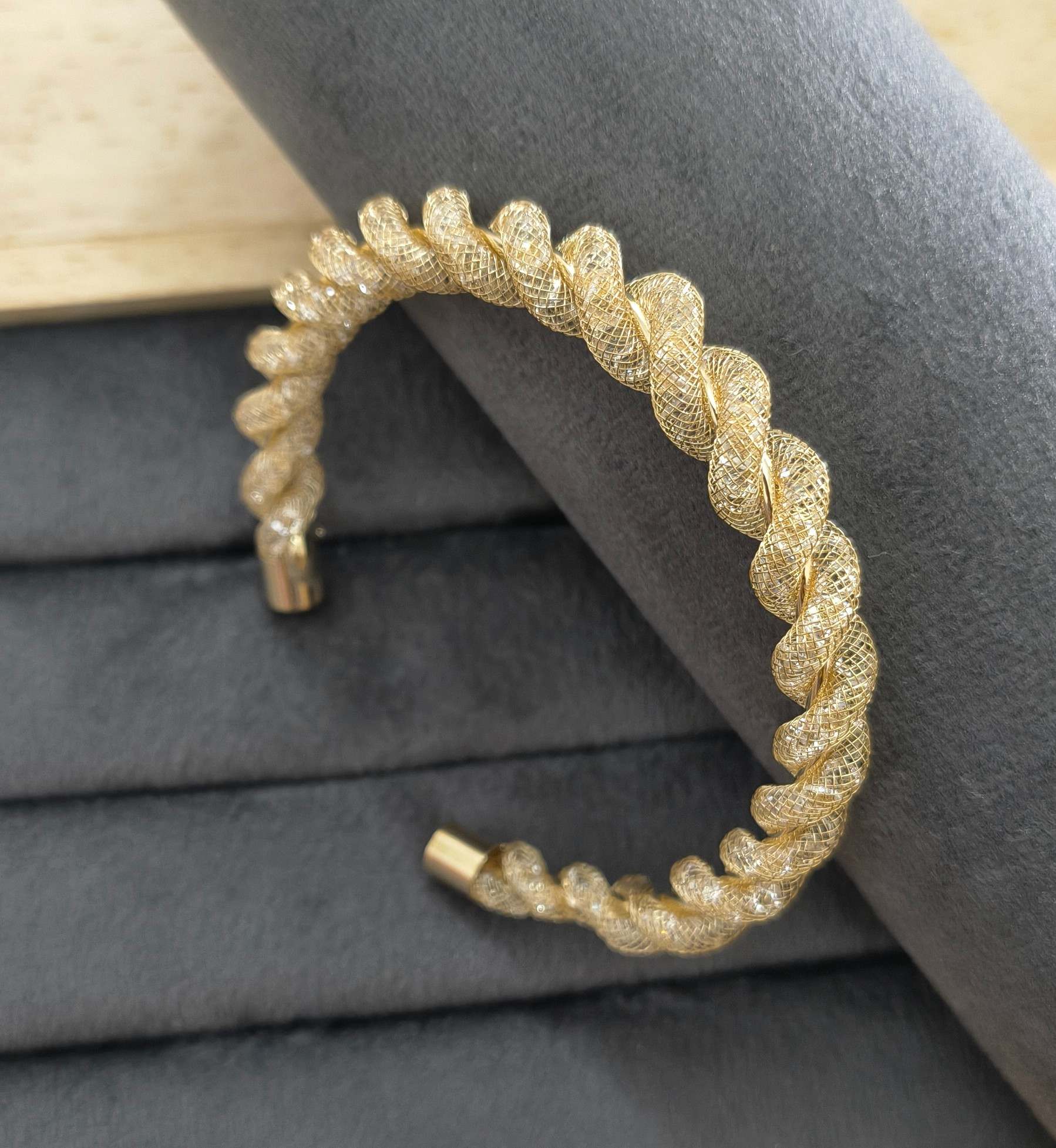 Premium Diamonds in Mesh Design Gold Tone Cuff Bangle