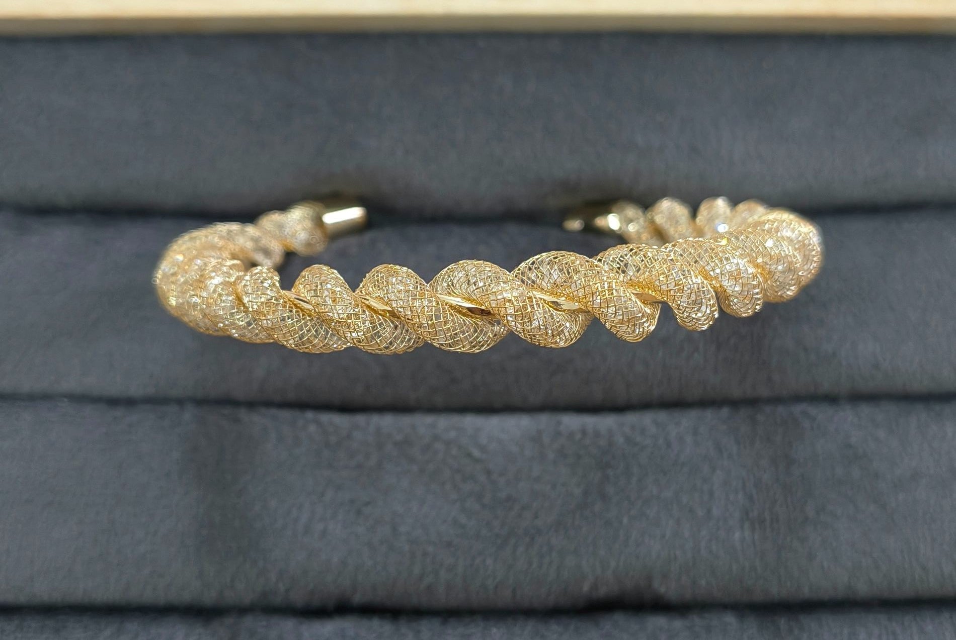 Premium Diamonds in Mesh Design Gold Tone Cuff Bangle