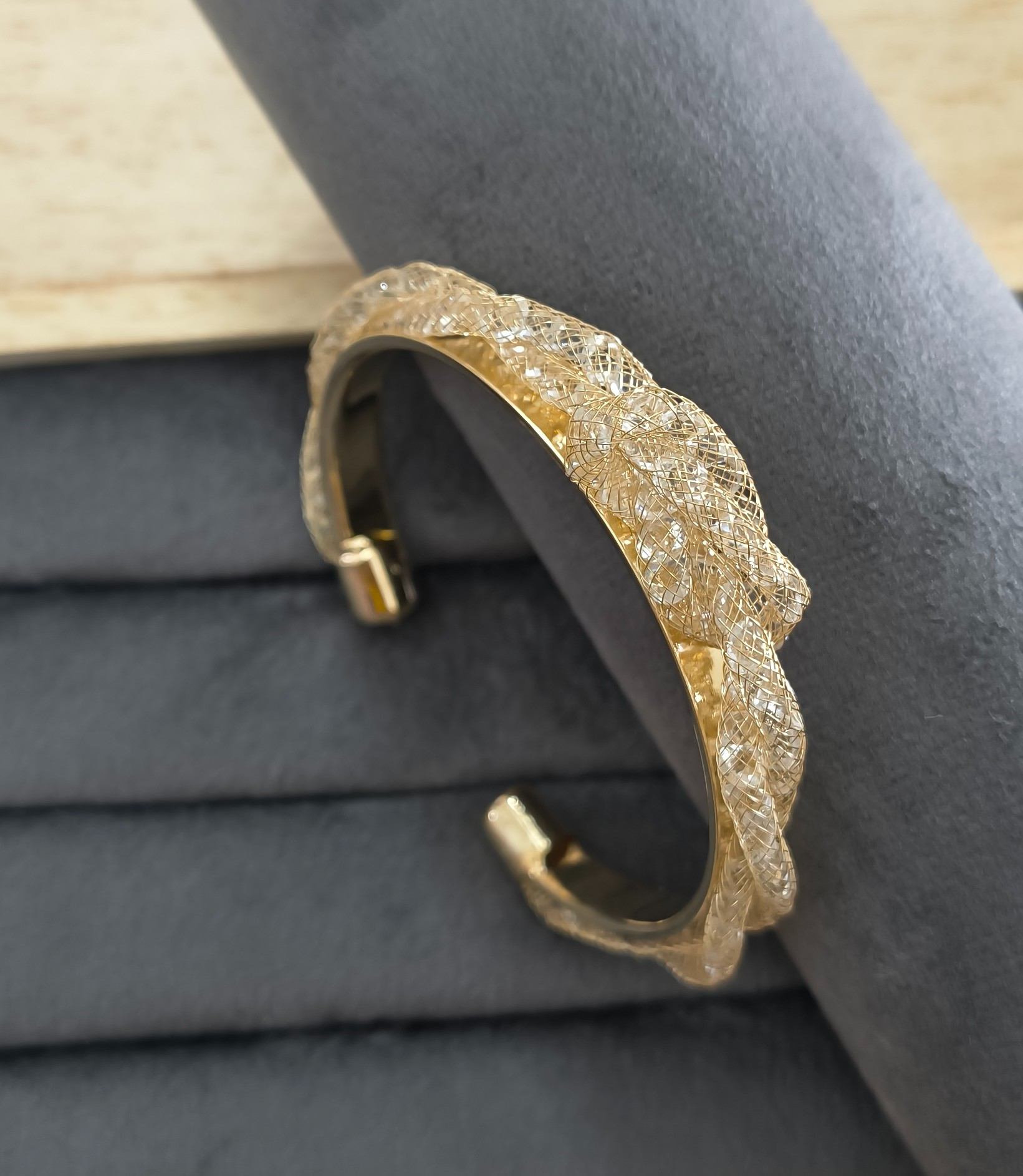 Premium Diamonds in Mesh Design Gold Tone Cuff Bangle
