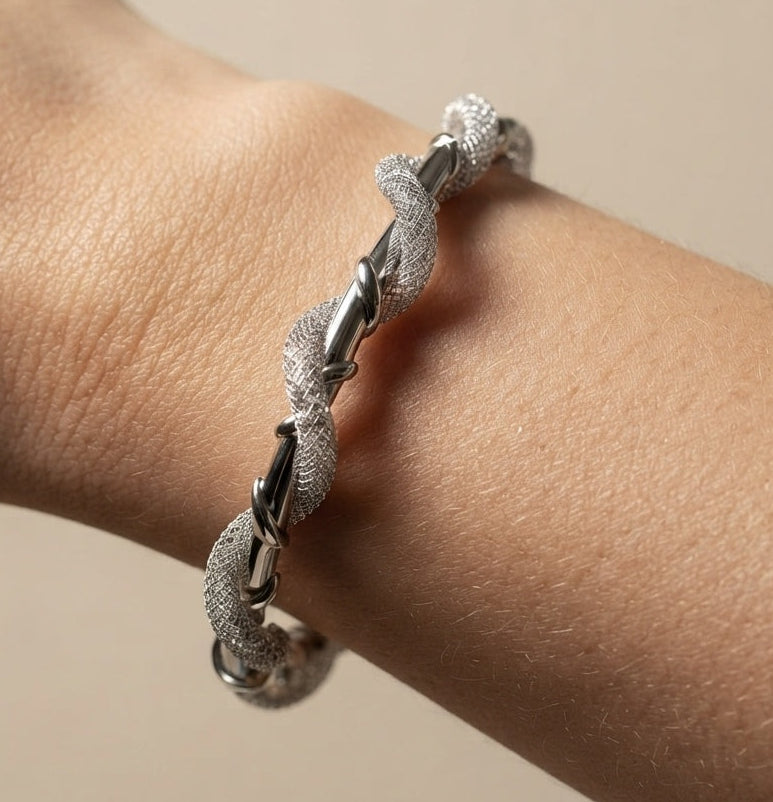 Premium Diamonds in Mesh Design Silver Tone Cuff Bangle