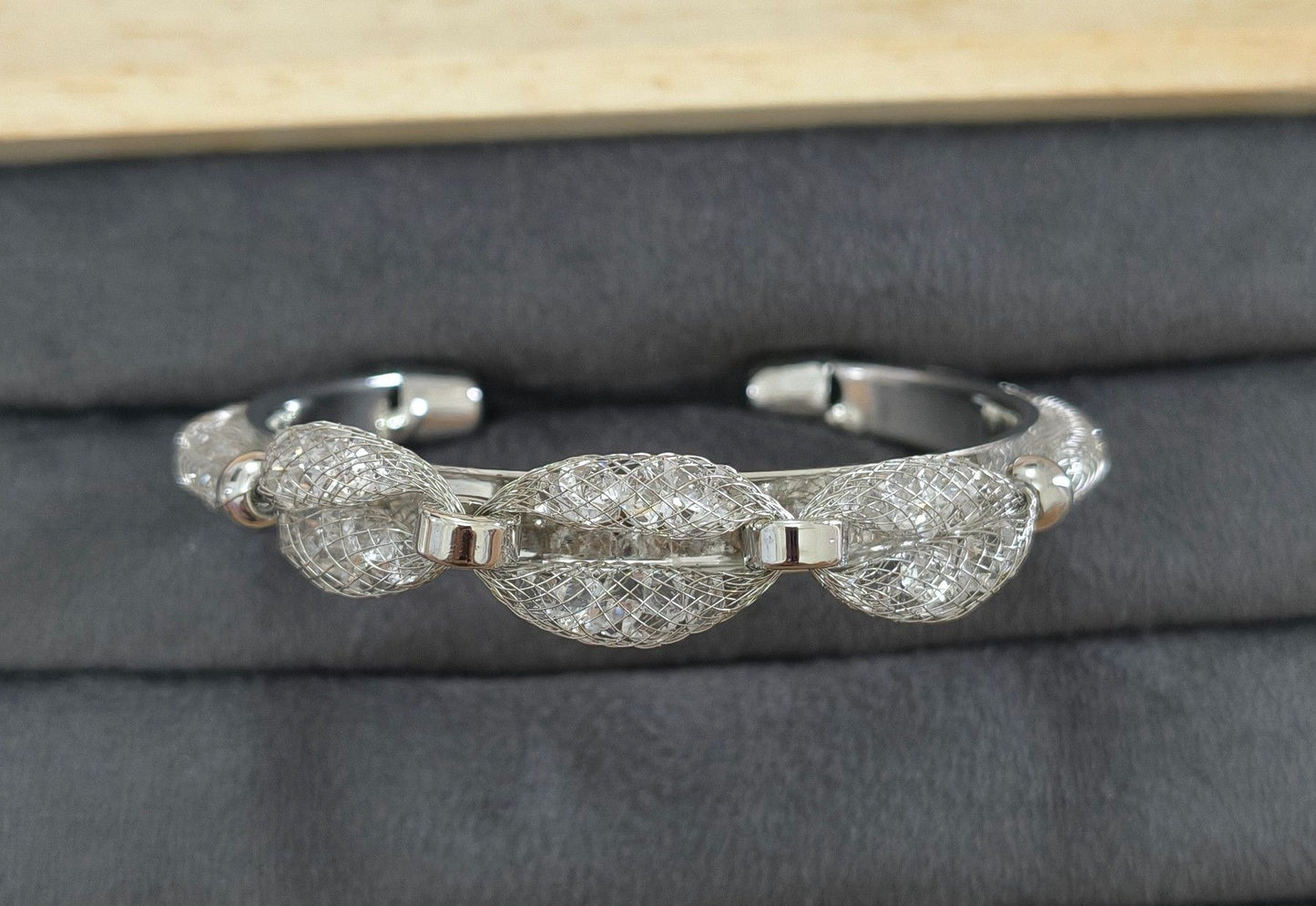 Premium Diamonds in Mesh Design Silver Tone Cuff Bangle