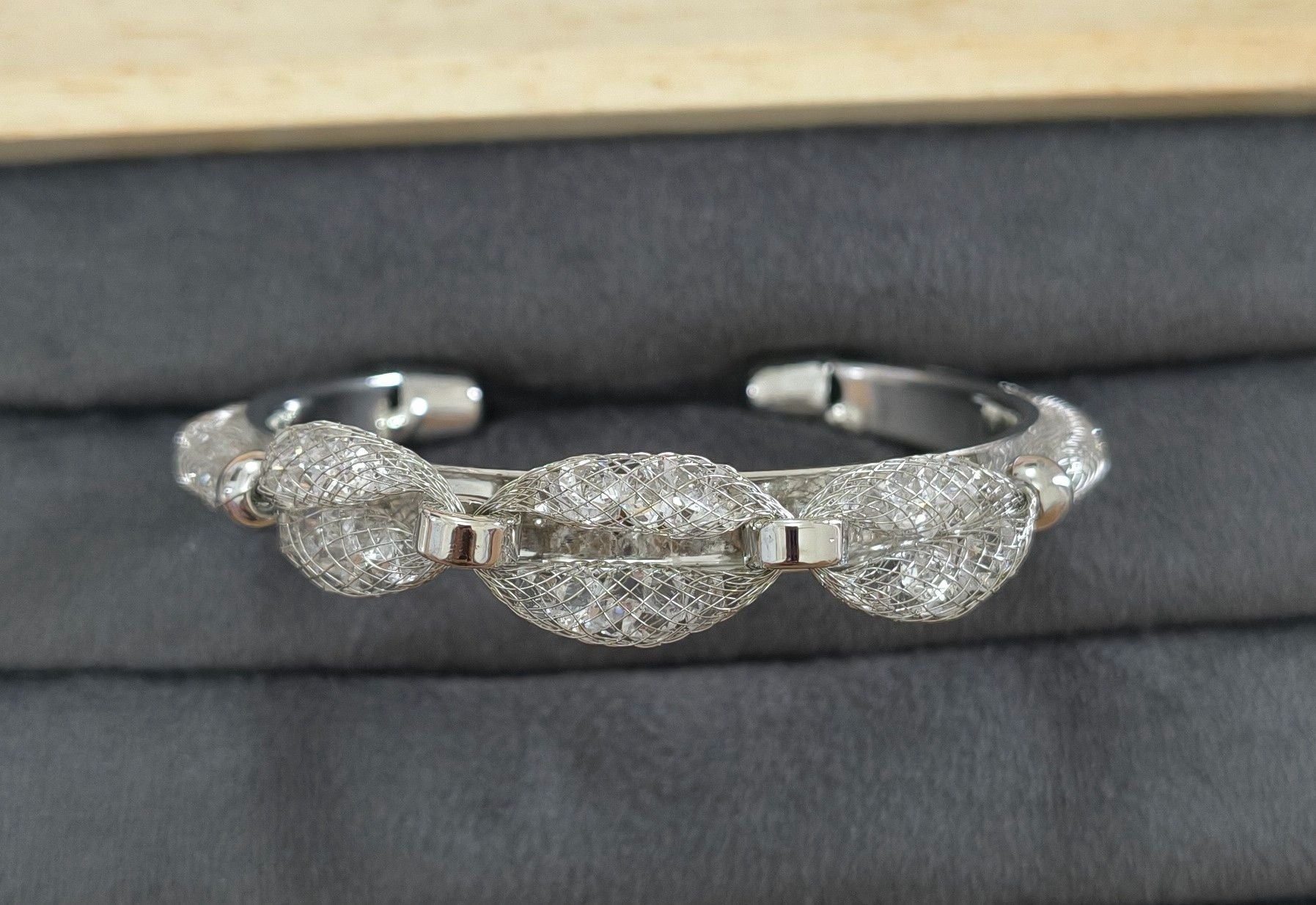 Premium Diamonds in Mesh Design Silver Tone Cuff Bangle