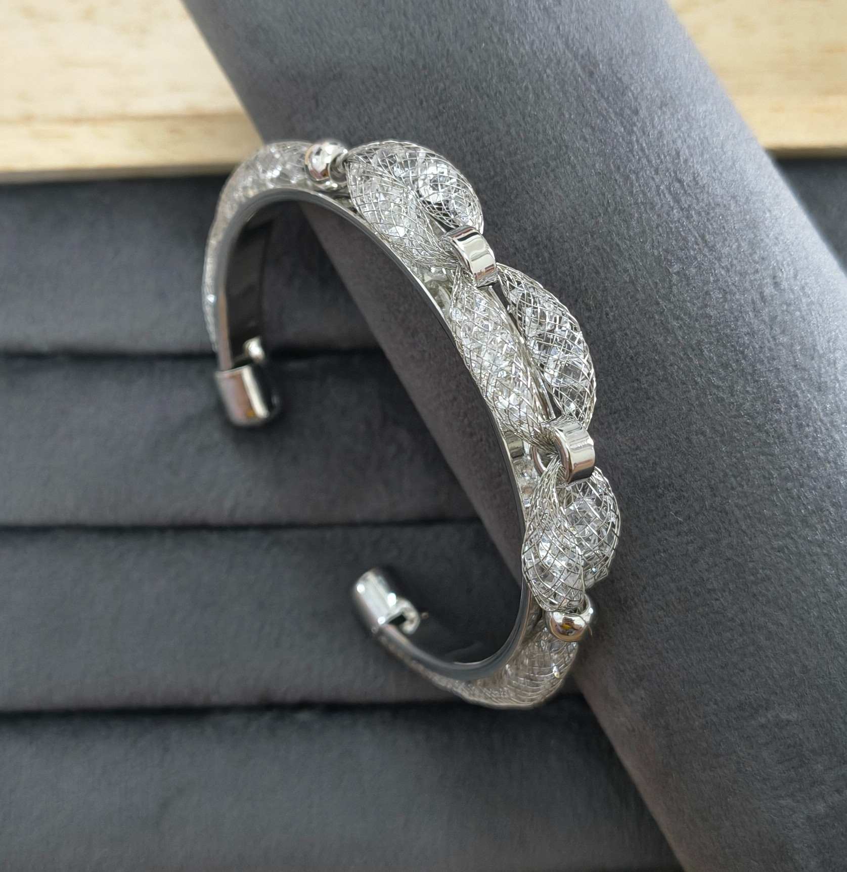 Premium Diamonds in Mesh Design Silver Tone Cuff Bangle