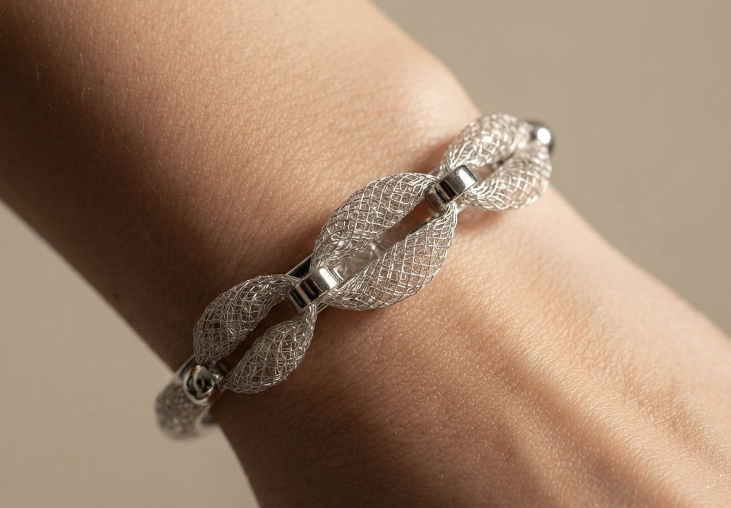 Premium Diamonds in Mesh Design Silver Tone Cuff Bangle