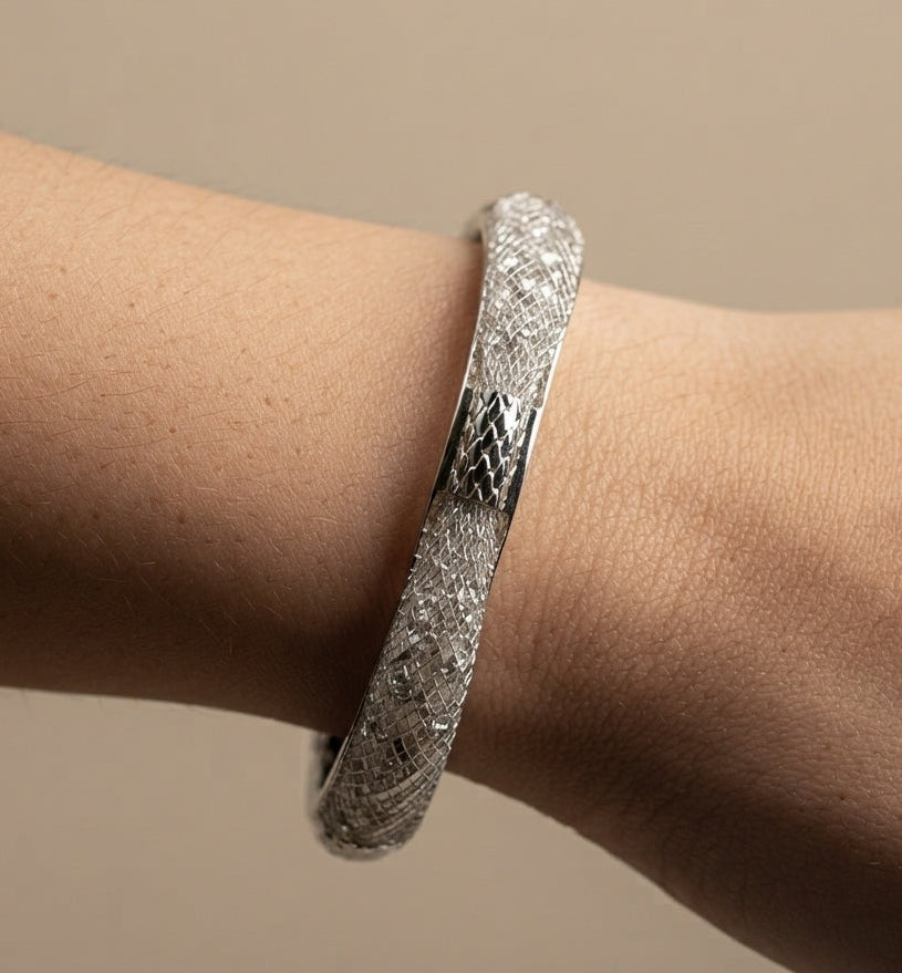 Premium Diamonds in Mesh Design Silver Tone Cuff Bangle