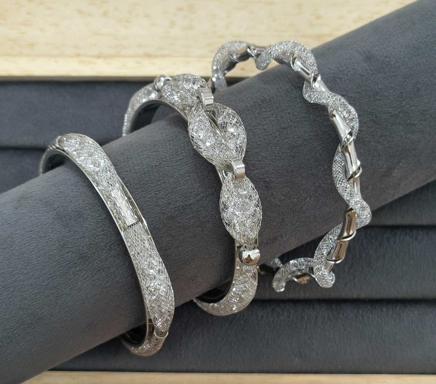 Premium Diamonds in Mesh Design Silver Tone Cuff Bangle