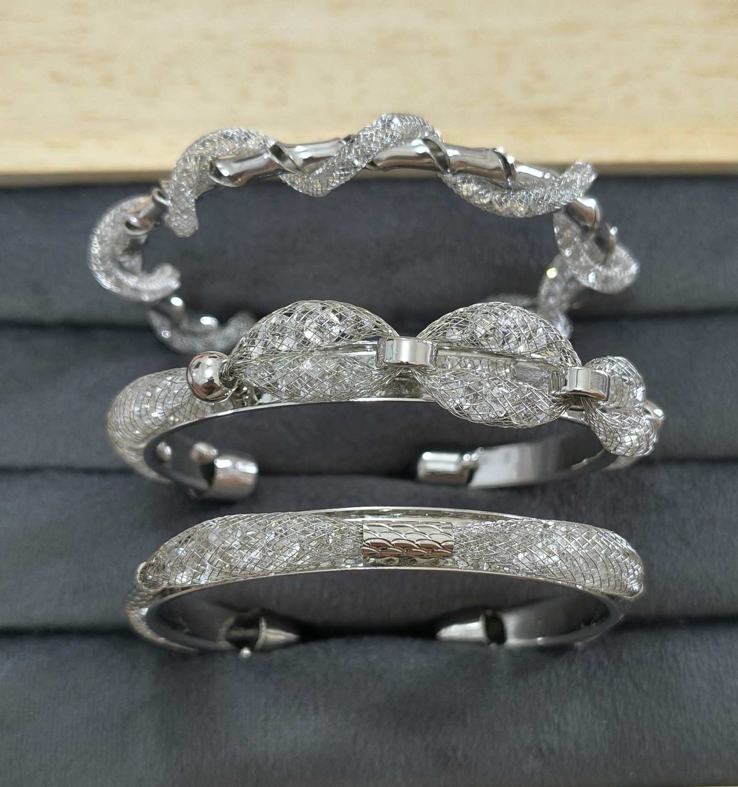 Premium Diamonds in Mesh Design Silver Tone Cuff Bangle