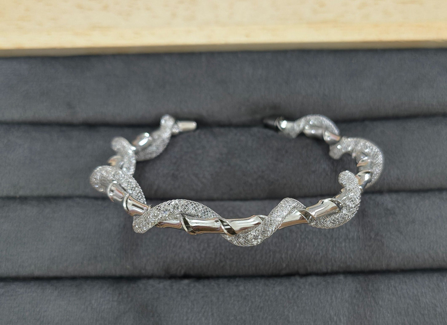 Premium Diamonds in Mesh Design Silver Tone Cuff Bangle