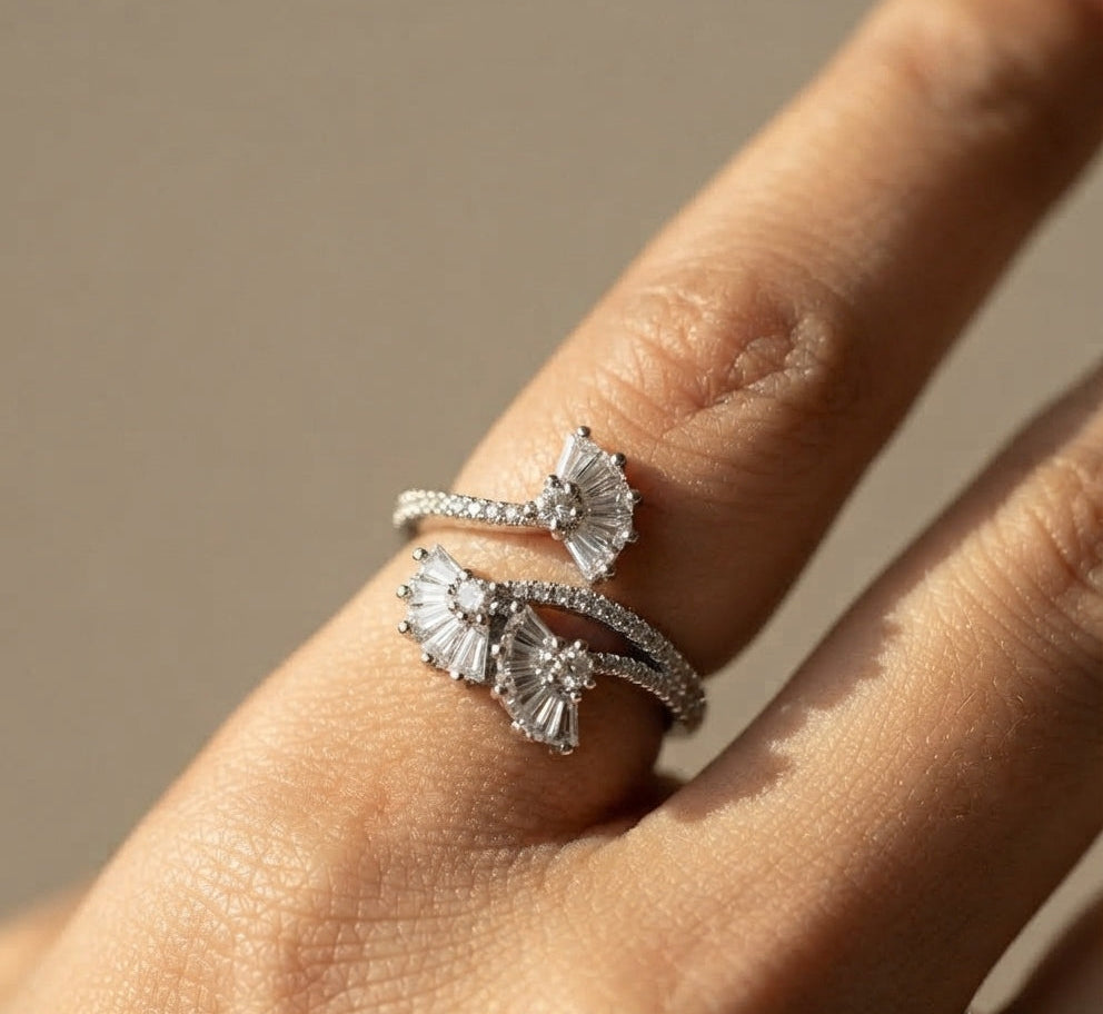 Premium Quality Silver Dazzling Floral Front Open Ring