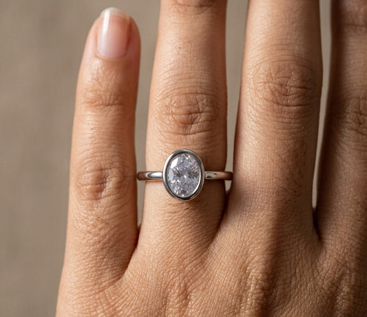 Premium Quality Sparkling Oval Stone Ring Silver Plated