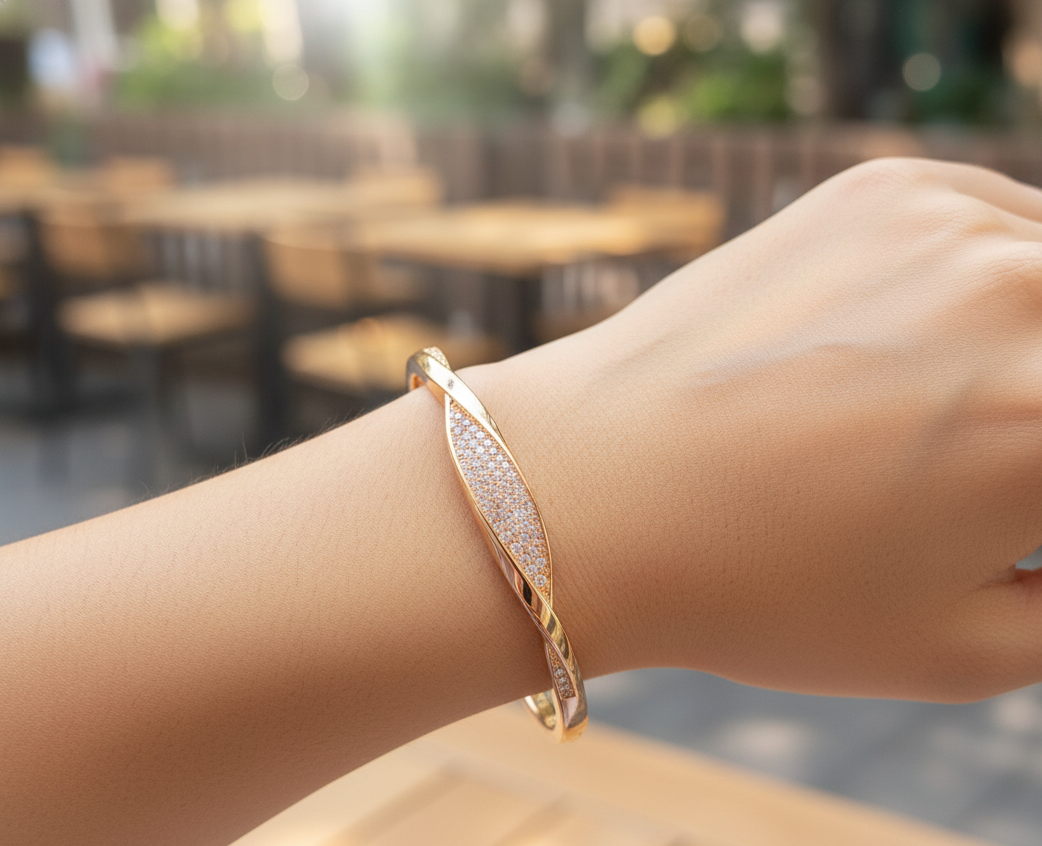 Rosegold Stone Studded Twisted Bracelet Bangle Gold Plated