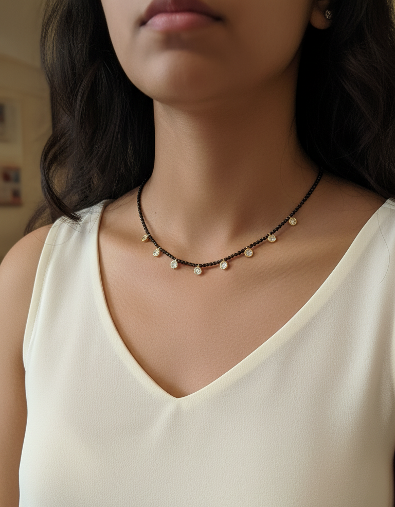 Round Diamond Drop Black Beaded Mangalsutra Chain