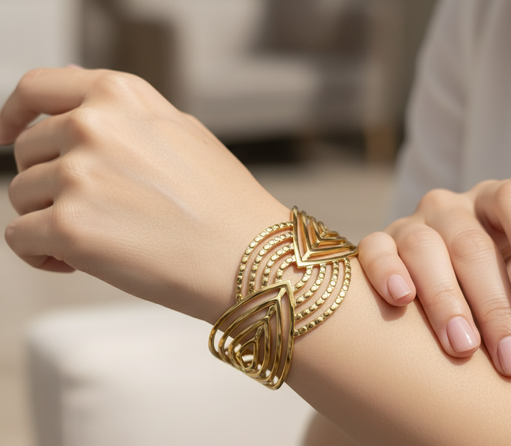Show this cuff bracelet on wrist of female model