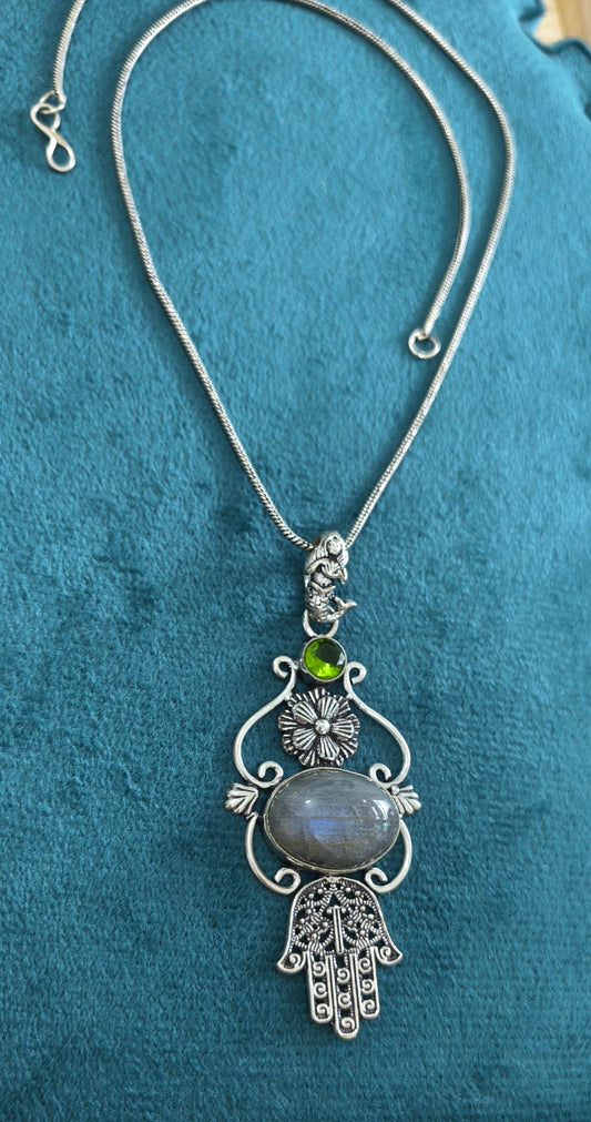 Silver Replica Opal Stone Hamsa Hand Pendant Necklace