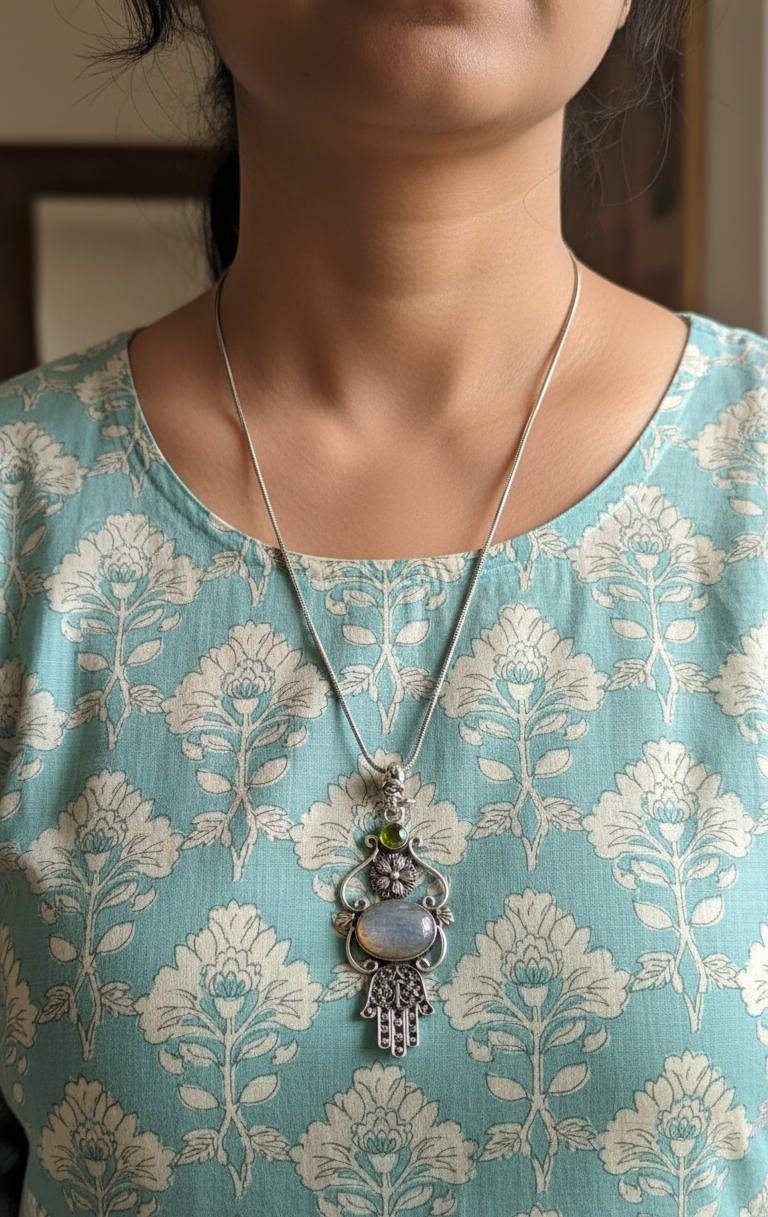 Silver Replica Opal Stone Hamsa Hand Pendant Necklace