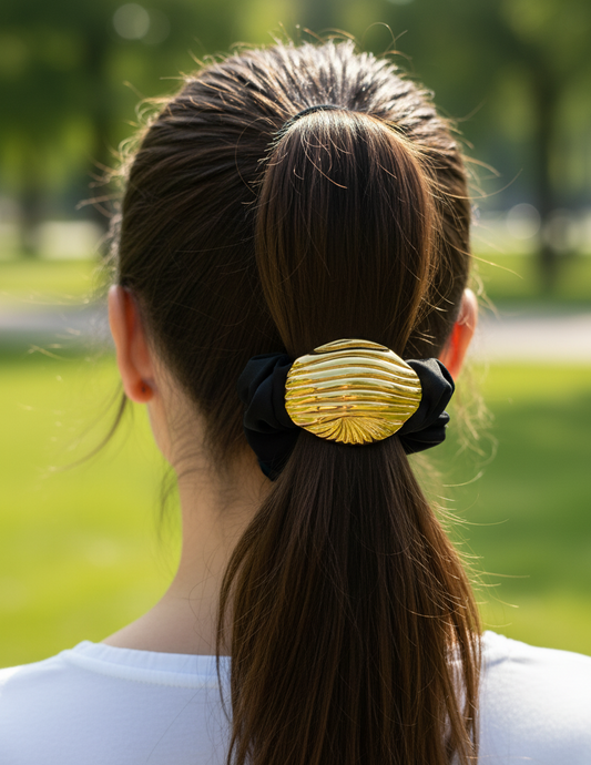 Spring Satin Scrunchie Metal Cuff Hair Band 18K Gold Plated