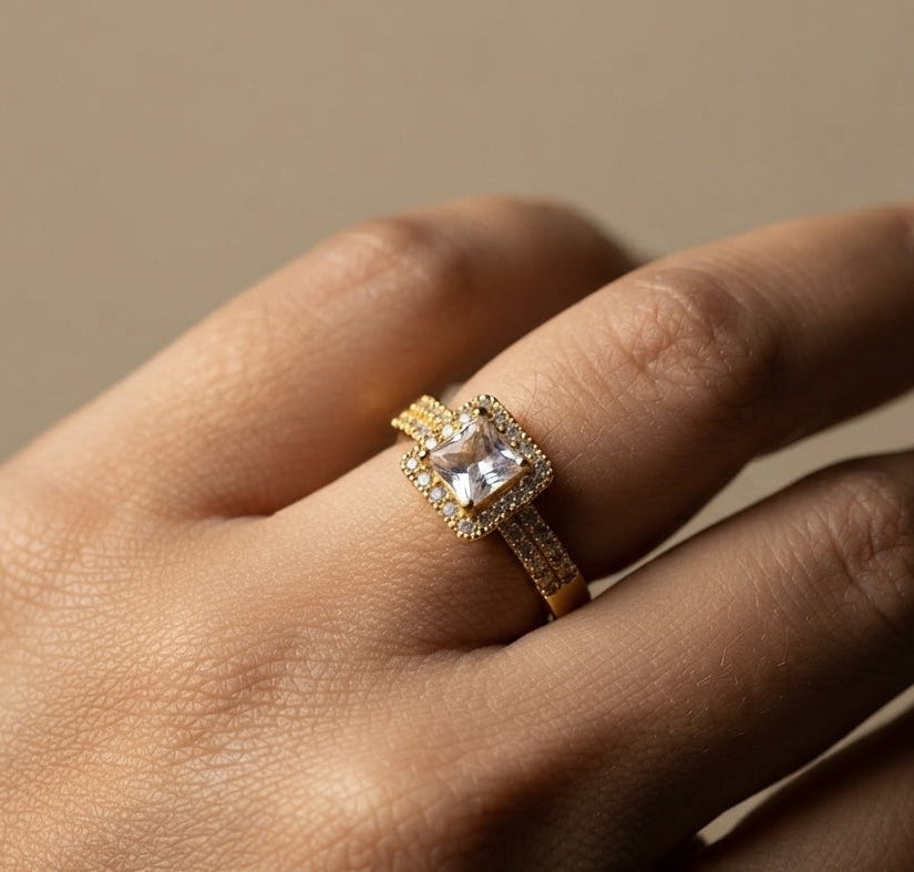 Square Cut Dainty Diamond 18K Gold Plated Ring
