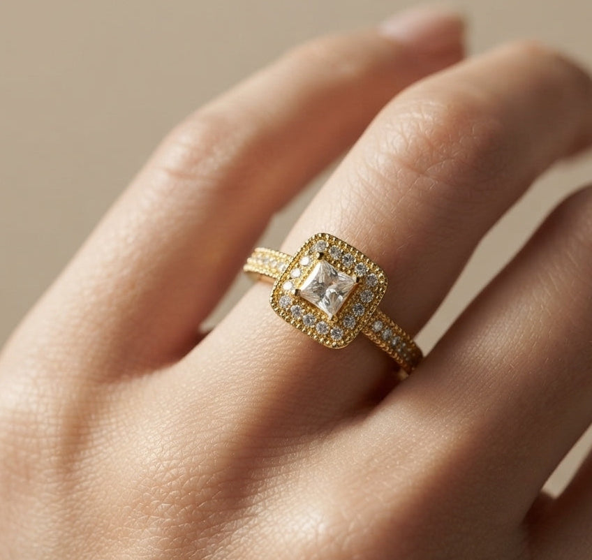 Square Cut Dainty Diamond 18K Gold Plated Ring